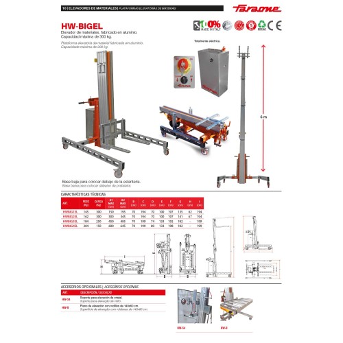 HW-BIGEL | Elevador eléctrico de materiales en aluminio. H máx. hasta 6 m. Capacidad máx. hasta 300 kg.