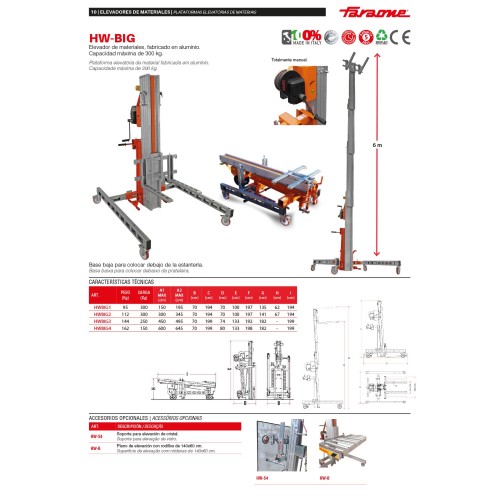 Elevador manual de materiales en aluminio HW-BIG. H. máx. hasta 6 m. Capacidad máx. hasta 300 kg. | Faraone