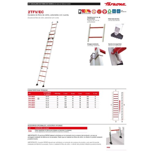 Escalera extensible de fibra de vidrio 2TFV/EC Faraone | Aislante eléctrica