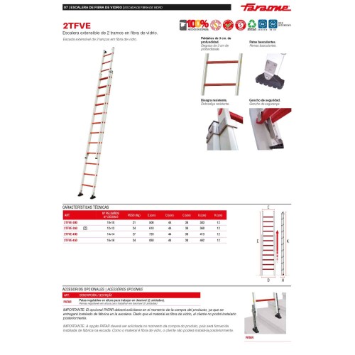 Escalera extensible de fibra de vidrio 2TFVE Faraone | Uso eléctrico profesional