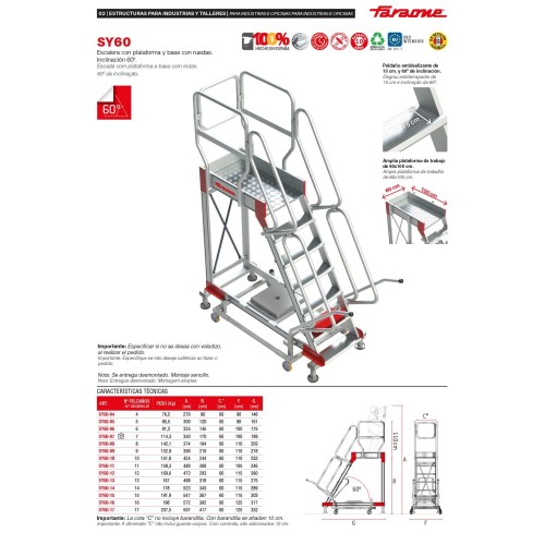 Escalera industrial SY60 con plataforma y ruedas | Sistema SICUR-STOP | Faraone