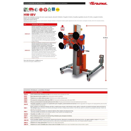 Elevador de materiales HW-IBV con kit vidrio. H máx. hasta 4,18 m. Capacidad máx. hasta 200 kg. | Faraone