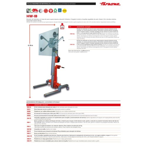 Elevador de materiales HW-IB con base de acero supercompacta. H máx. hasta 4,18 m. Capacidad máx. hasta 250 kg. | Faraone