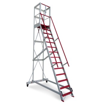 EM2009 | Escalera con amplia plataforma y parapeto de seguridad en Fibra de Vidrio