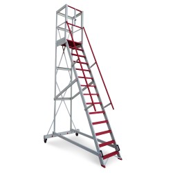 EM2009 | Escalera con amplia plataforma y parapeto de seguridad en Fibra de Vidrio