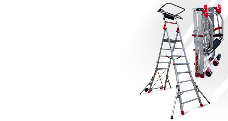 Escalera de plataforma PLS-COMPACT de Faraone, plegada y desplegada